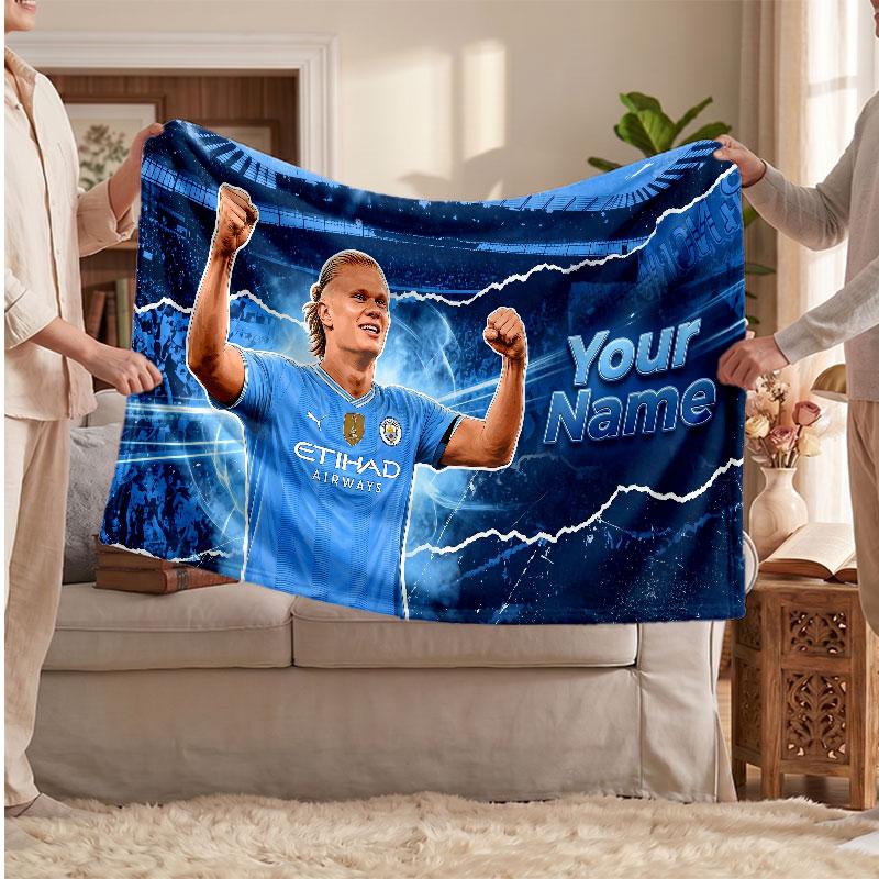 Erling Haaland Personalized Fleece Blanket With Football Logo, Custom Name Text Soft Warm Home Throw Blanket