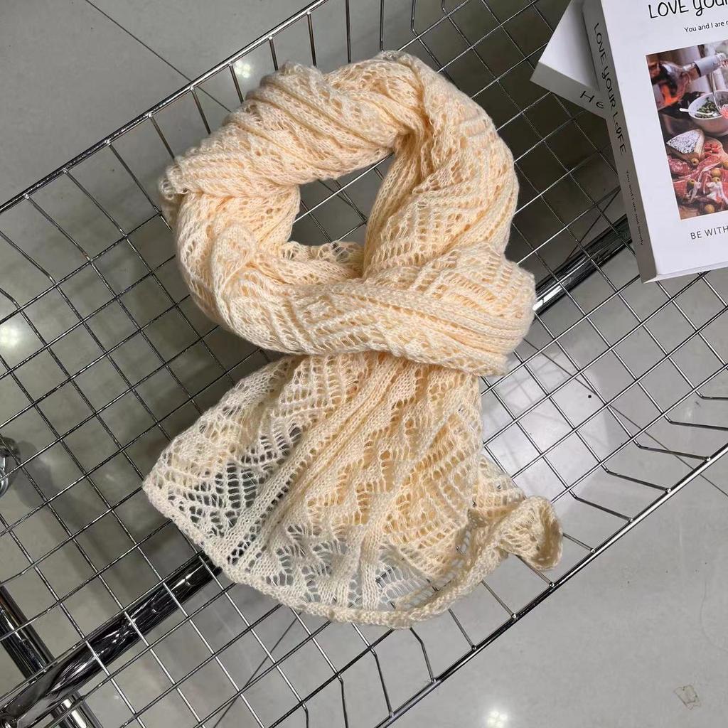 New Hollow Solid Color Knitted Scarf for Women Autumn and Winter Hollow Warm Scarf Versatile Retro Scarf