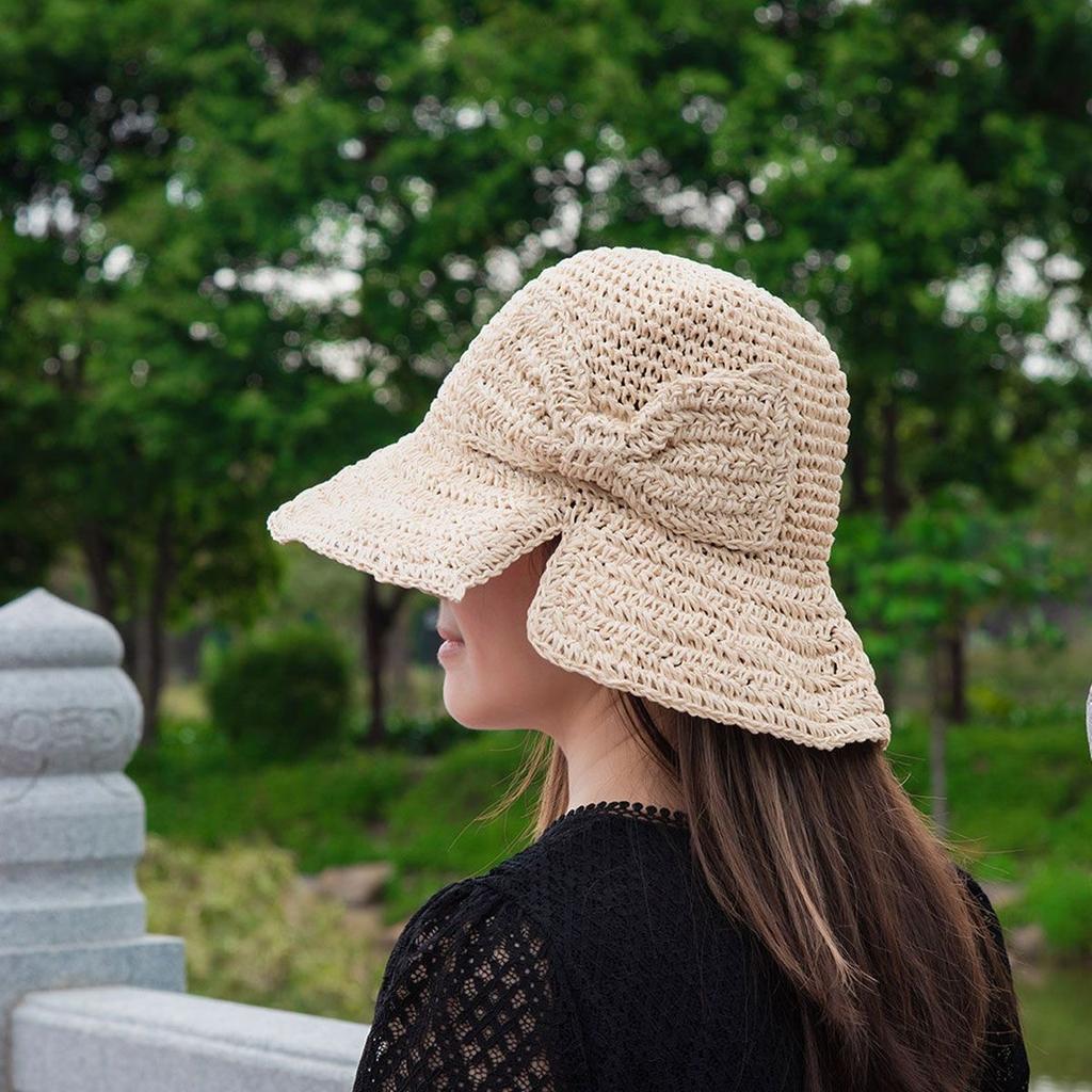 Straw Hat Women's Spring and Summer New Hand Hook Bow Rear Split Hat Solid Color Foldable Vacation Visor