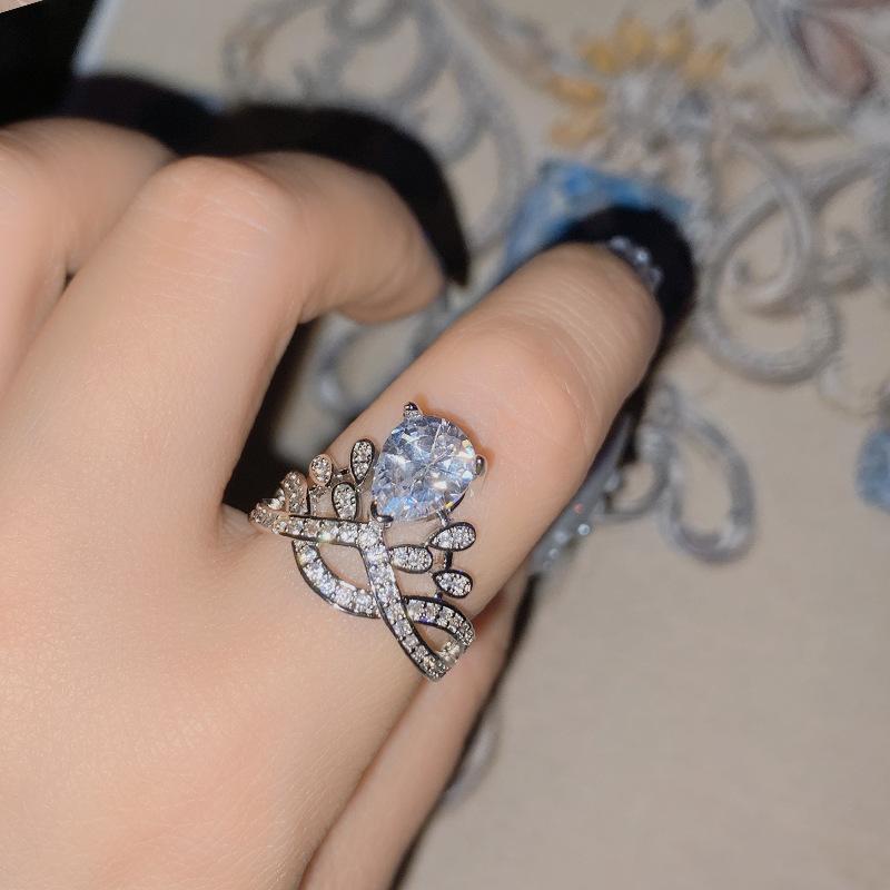 2026 Colored Treasure New Product, Pear-shaped Water Drop Personalized Yellow Diamond Crown Ring Women, Fashionable Light Sea Blue Treasure Diamond