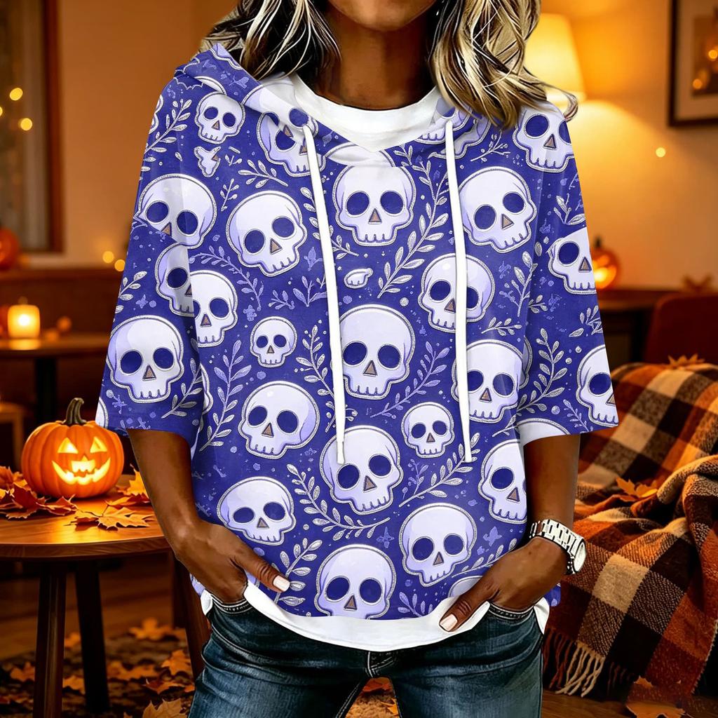 Women's Halloween Printed Hooded 3/4 Sleeve Casual Loose Fit Pullover