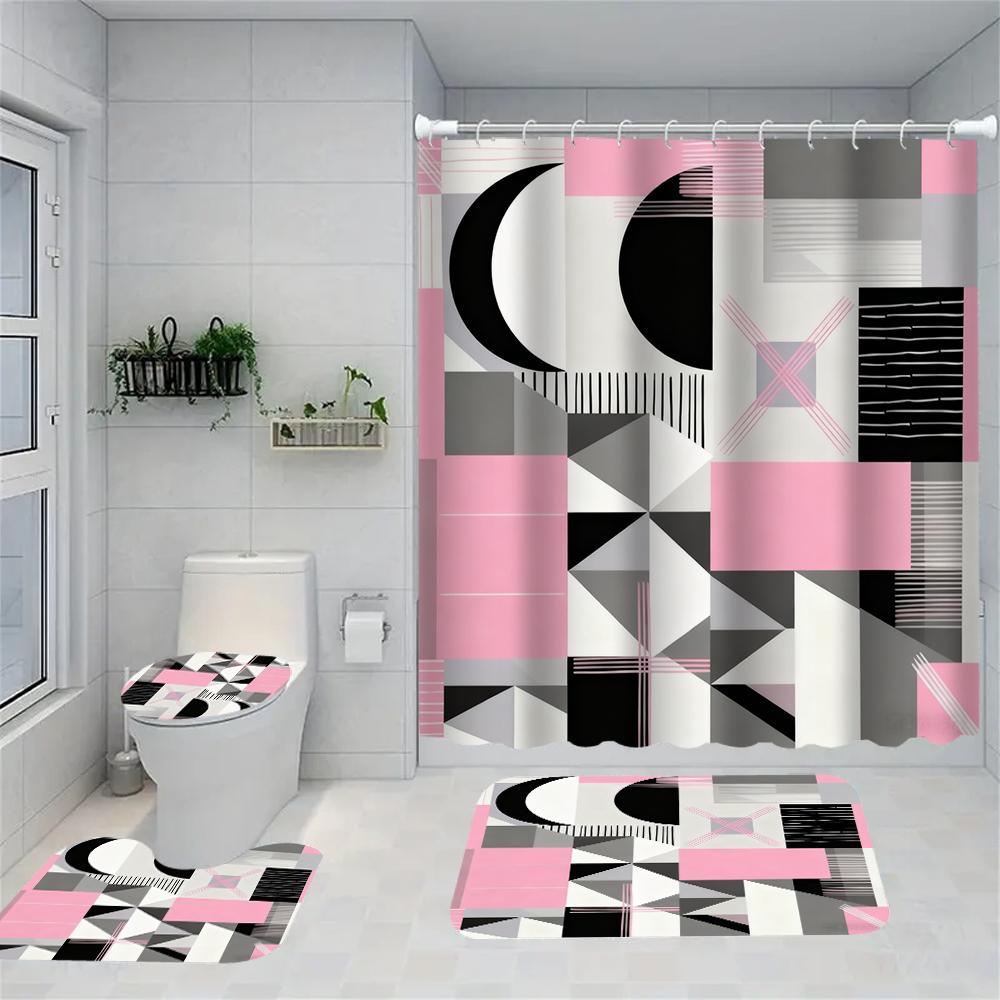 1/4 Geometric grid  print shower Curtains, Toilet Seat Decoration, Shower Curtain with Carpet and Toilet Lid, 70.8x70.8 inch