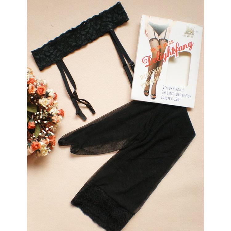 Women's Lace Garter Set: Fine Mesh Long Stockings & Fishnet Silk Stockings