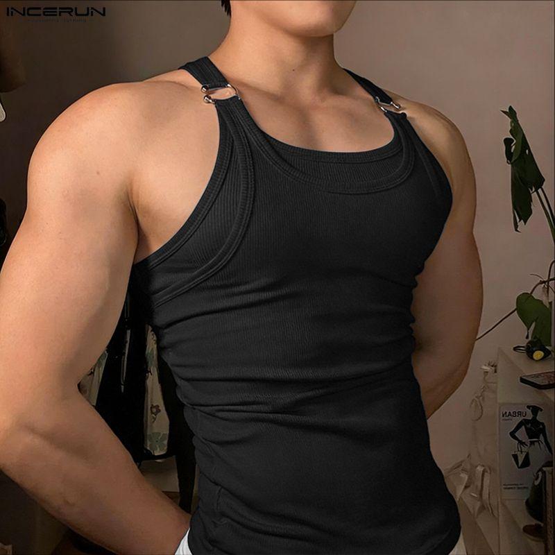 INCERUN Men Strap Sleeveless Ribbed Casual Fitted Tank Tops Sport Gym Undershirts