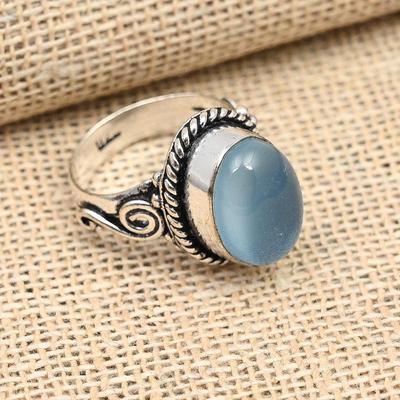 Anello di gioielli in argento sterling 925 con pietre preziose di calcedonio blu per donne