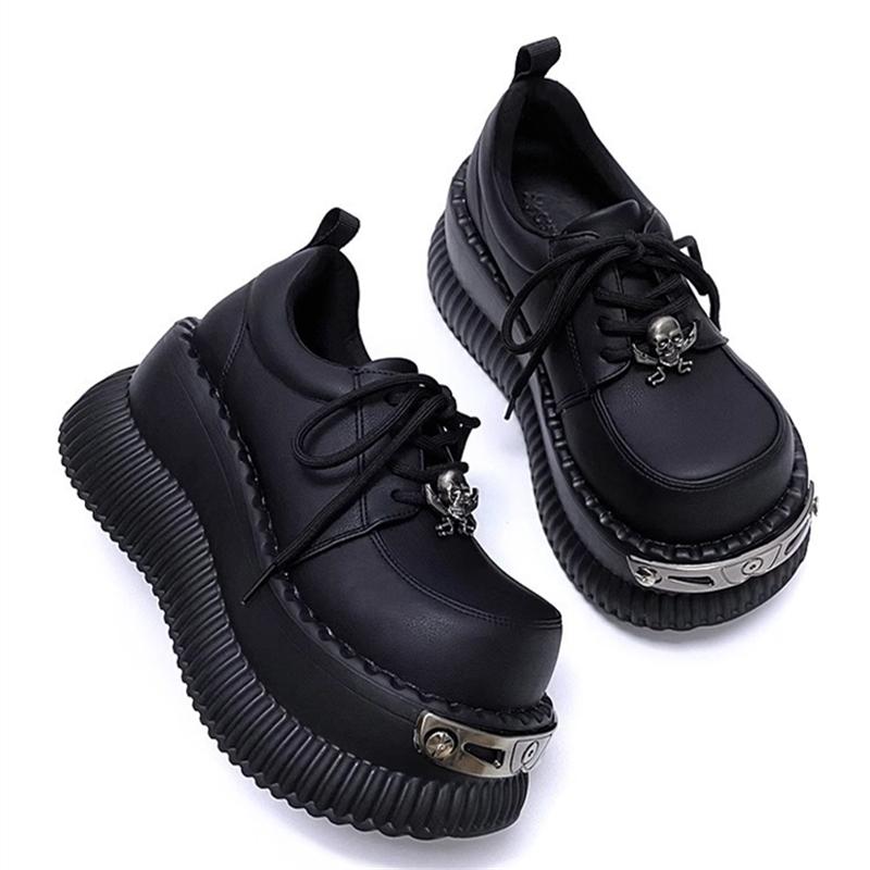 Metal Decoration Round Toe Thick Bottom Platform Chunky Heels Women Pumps Lace Up Black Ins Fashion Y2K Punk Street Ladies Shoes