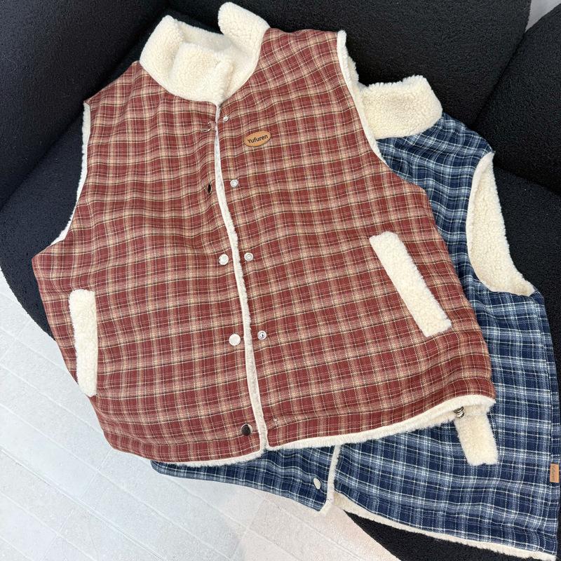 American retro plaid sleeveless vest cotton clothes for men and women in autumn and winter new loose and versatile casual stacked coat top