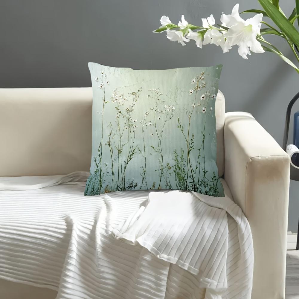 Double Sided Vintage Wildflower Pillow Cover Rustic Green Meadow Grass Print Soft Boho Throw Pillow Case For Home Decor Peach skin 18*18(CM)-1Pcs