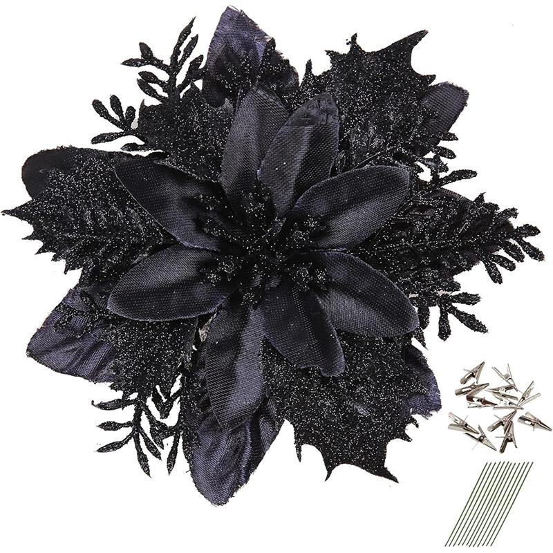 5/10 Stück Glitzer 14 cm künstliche Blumen mit Clips Stielen Weihnachtsdekoration Weihnachtsbaumschmuck Frohes Neues Jahr Navidad 2025 Deko