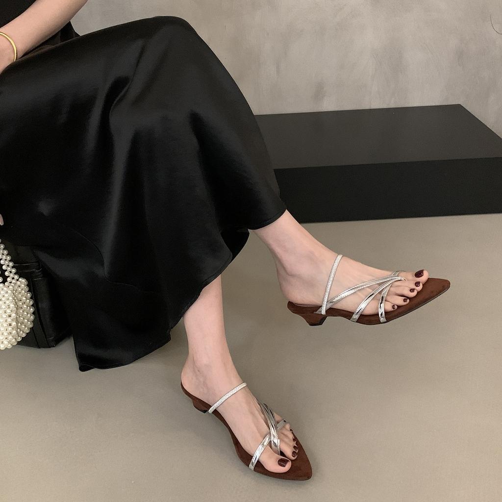 French pointed thick heel strap sandals fairy shoes 2025 new summer with skirt toe silver Roman shoes