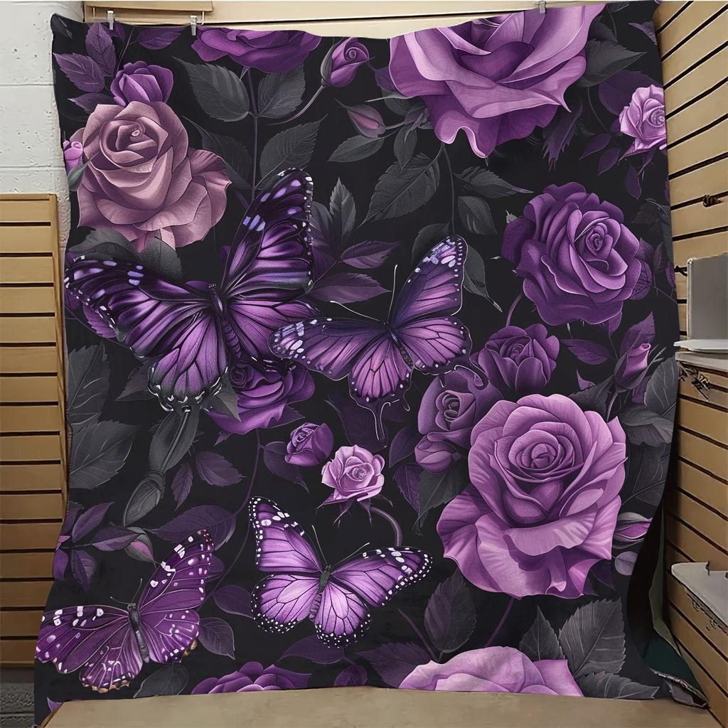 1pc Gift Blanket For Daughter Purple Petal Flower Butterfly Art Soft Blanket Flannel Blanket For Couch Sofa Office Bed Camping T