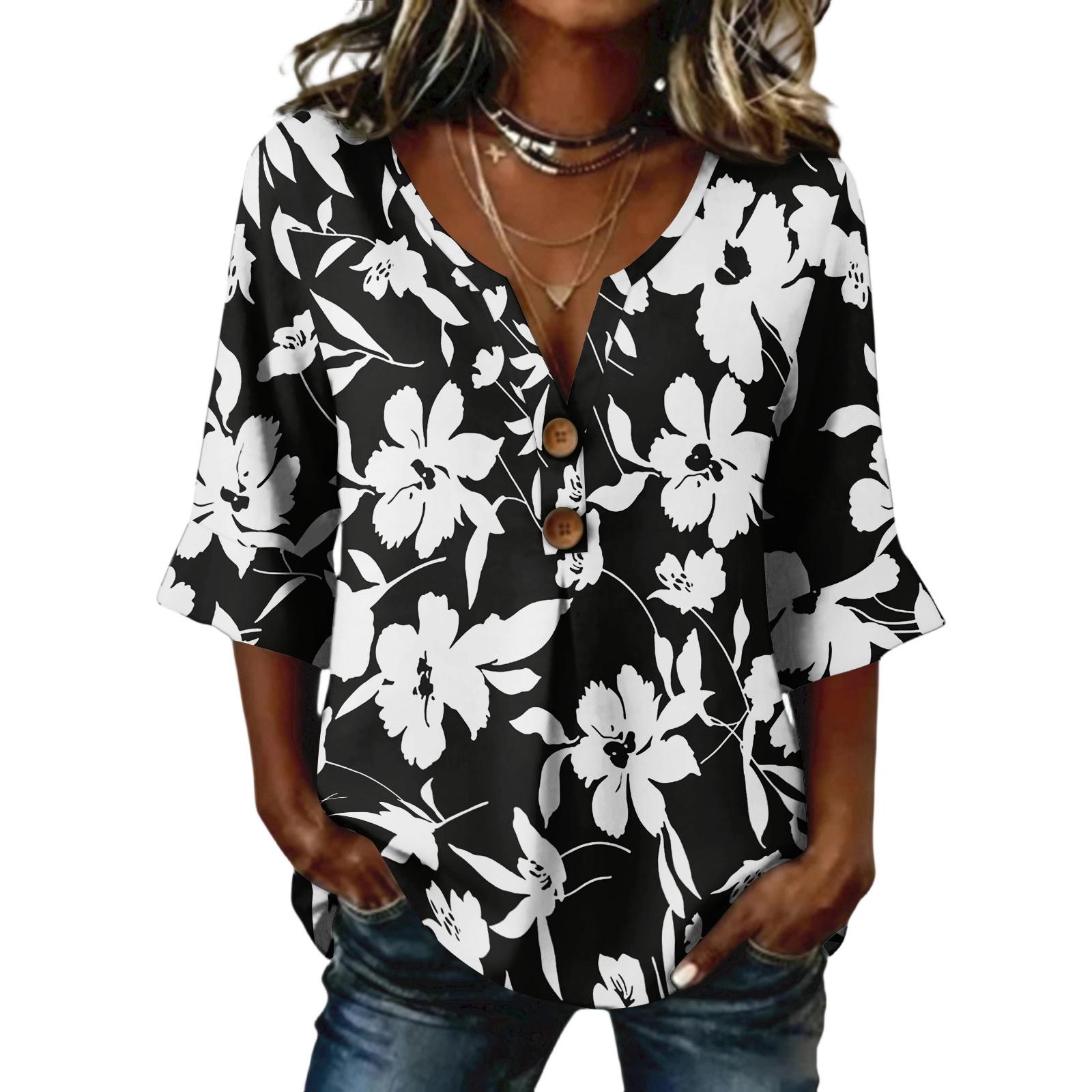 

Ladies floral print button casual V-neck fashionable seven quarter sleeve top L чёрный
