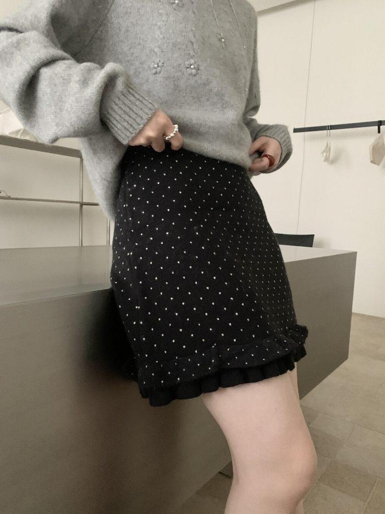Women's Autumn Elastic Waist Patchwork Polka Dot Knit Skirt - Black Fungus Edge, Korean Style Slim Fit