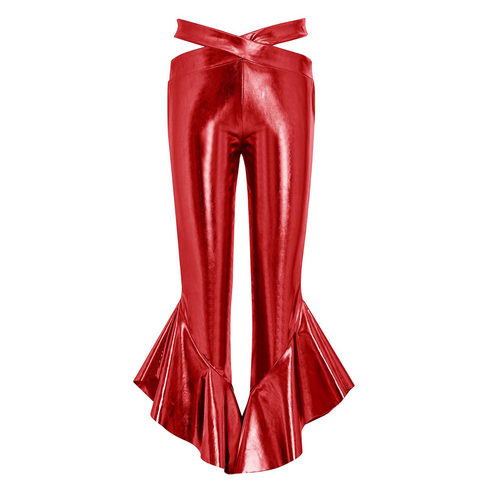 Pantaloni Metalici Evazați pentru Fete Talie Încrucișată Volane Pantaloni cu Crinolină Dans Disco 5-6 Years roșu