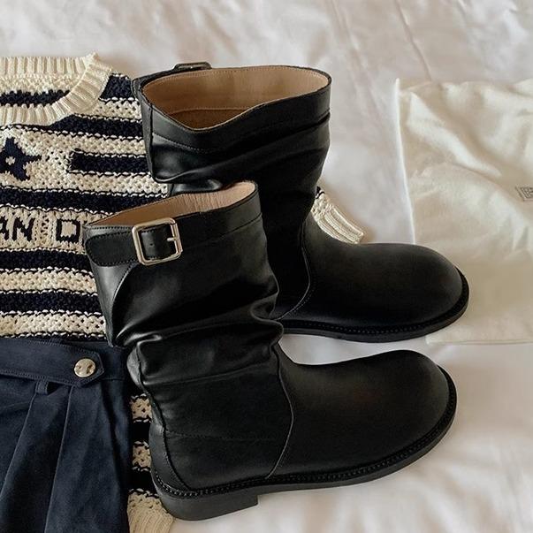 Grape mother autumn and winter new retro short boots Korean version pleated piling boots comfortable thick-soled Martin boots wear thin boots