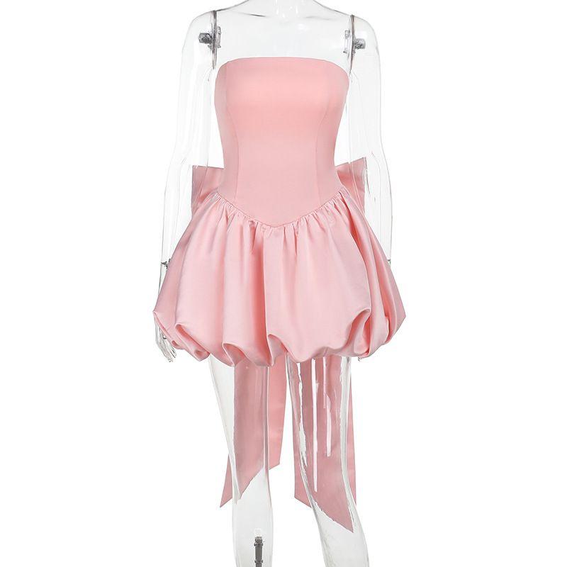 

Outfitgirl6 Bows Tube Top Birthday Pink Fairy Lantern Dress Dinner Party Lace-up Waist-Controlled Trendy Dress Gown Pink XS