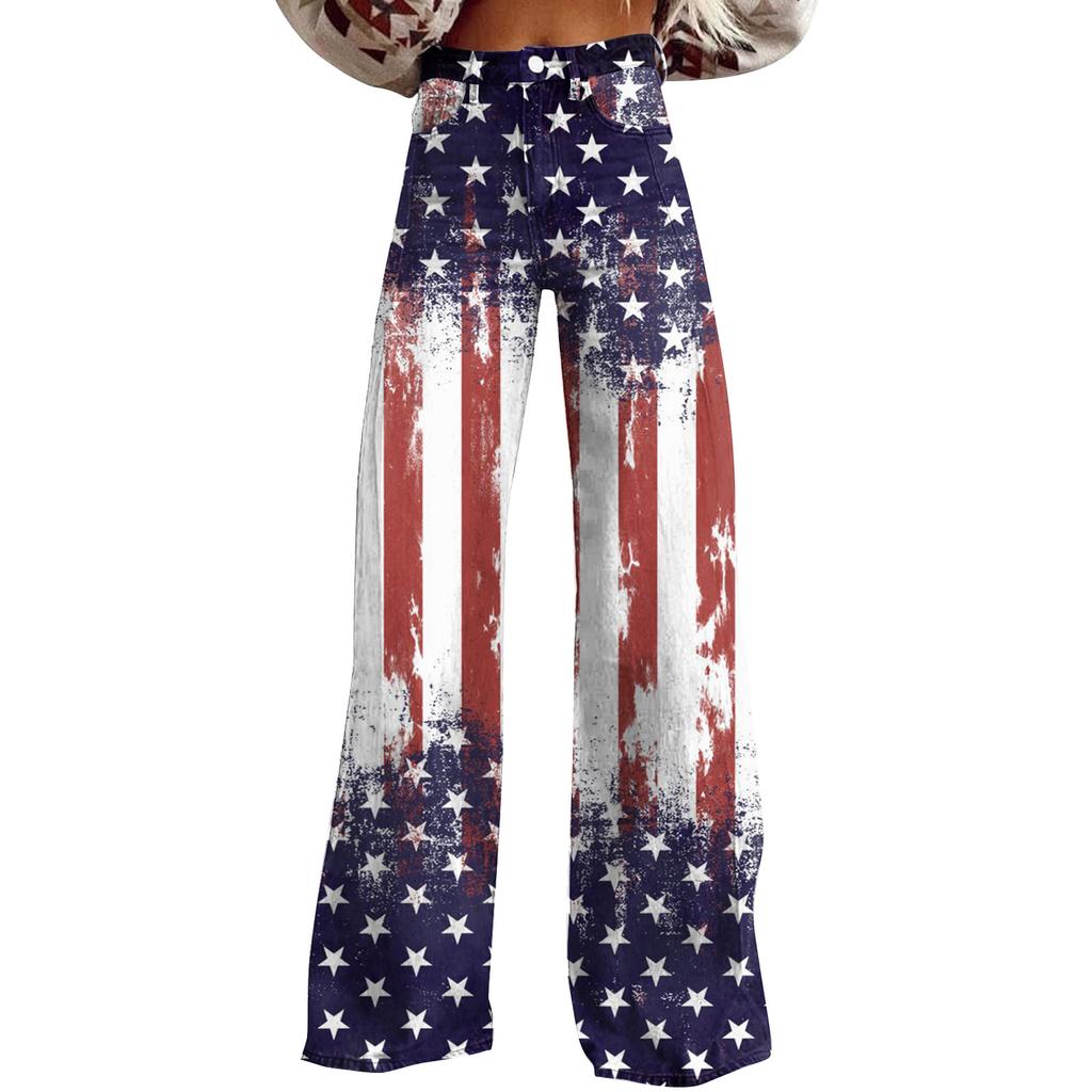 Wide Leg Flare Jeans For Women With Pockets Baggy Pants Vintage Floral Print High Waisted Loose Pant