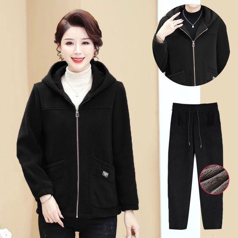Ensemble de Sport Épais en Velours Couleur Caramel pour Femmes Mode Automne Hiver Décontracté à Capuche Ensemble Deux Pièces