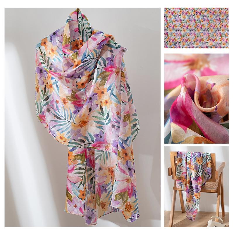 Long Strips of Silk Scarf  High-end Sense Mulberry Silk Scarf  Women's Fresh Small Floral Thin Style  Atmosphere  Big Shawl