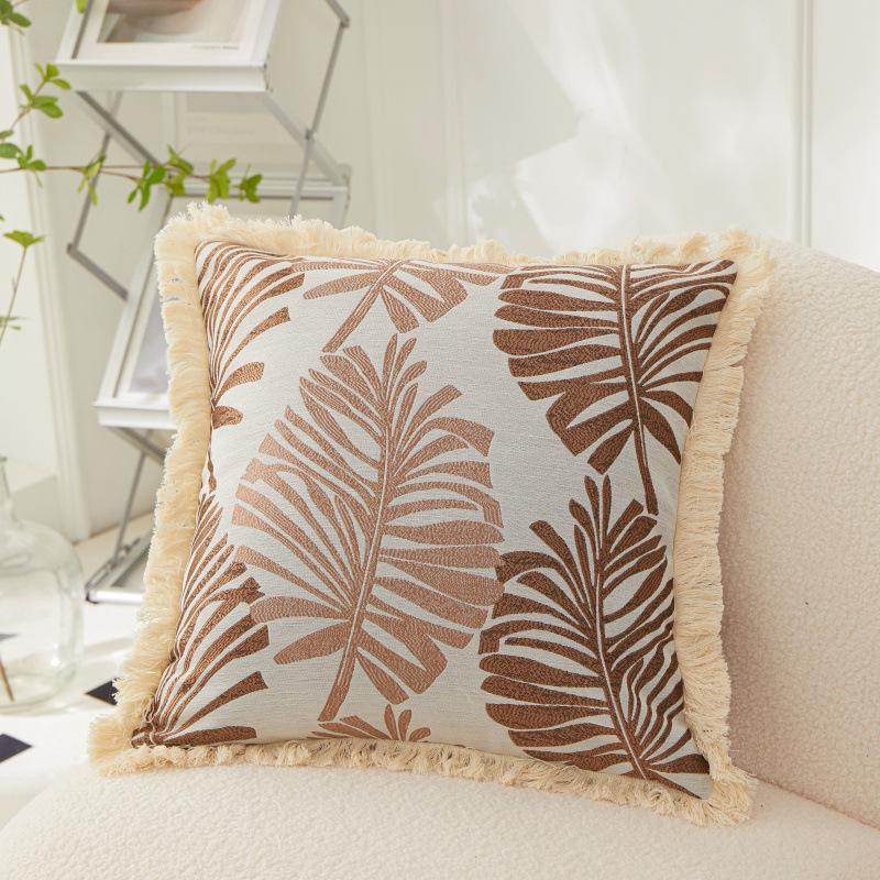High-precision Jacquard Brown Leaf Sofa Back Cushion Tassel Series Large Pillow with Core