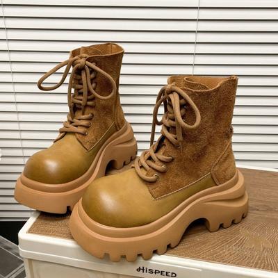 Platform Women's 2025 Autumn and Winter New Small Heightened Non-Slip Short Cylinder Boots Frosted Motorcycle Boots
