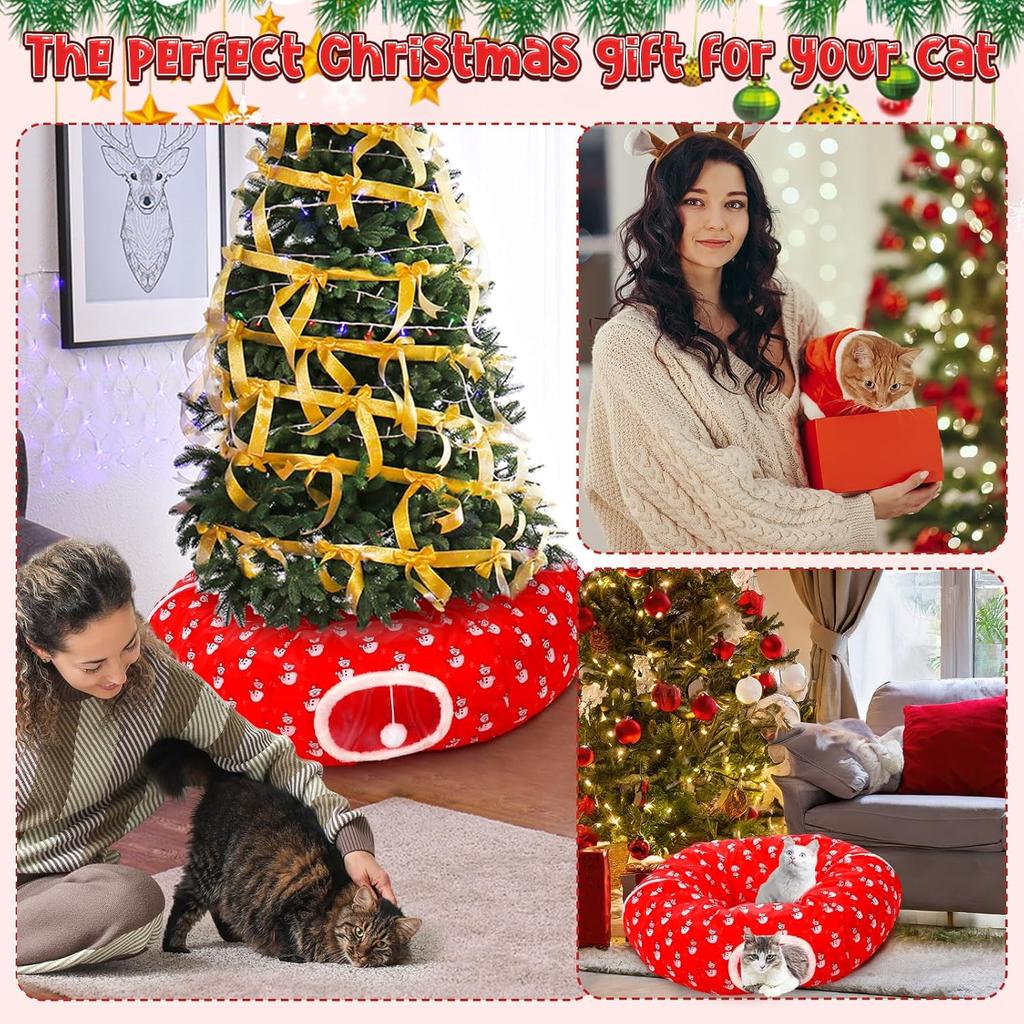 Cat Tunnel with Christmas Tree Skirt, 35.8'' Foldable Kitty Pipeline for Kittens & Small Pets, Xmas Festive Hanging Ball Decorat