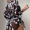 Women's Swimwear In a 3-Piece Leaf Plant Print Triangle Halter Neck Bikini Set with Cover Up Drawstring Side Overalls Jumpsuit