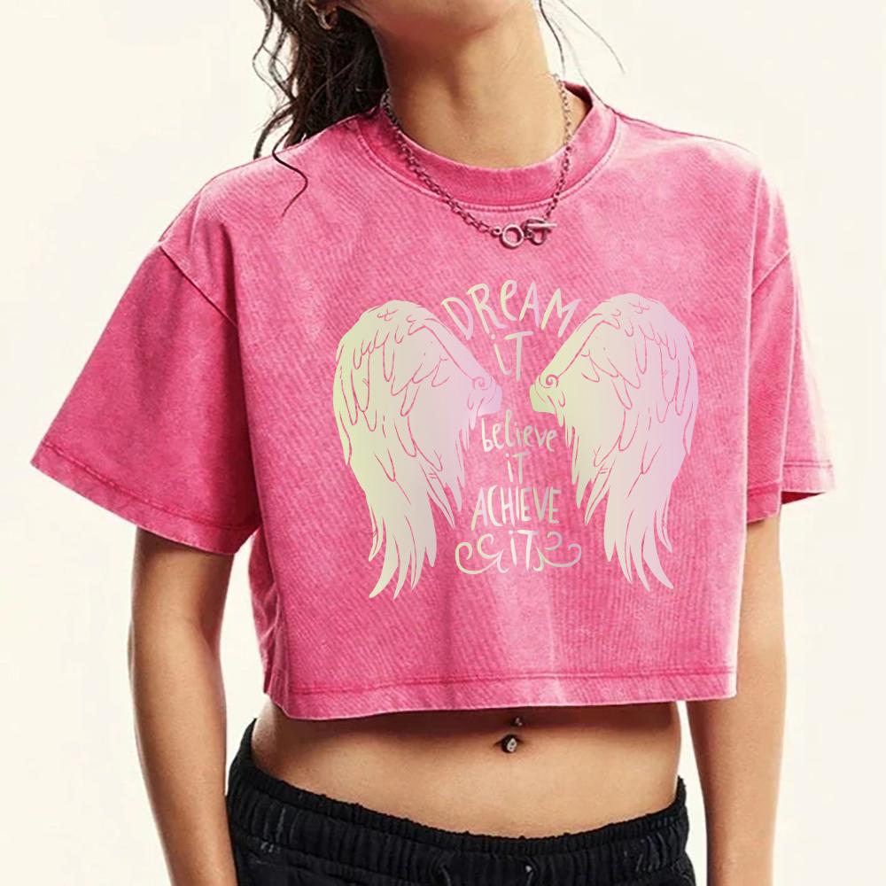 Dream It Believe It Colored Wings Print Washed T-Shirt Women Summer Soft Tee Shirts Fashion Short Sleeve Y2K Cotton Top