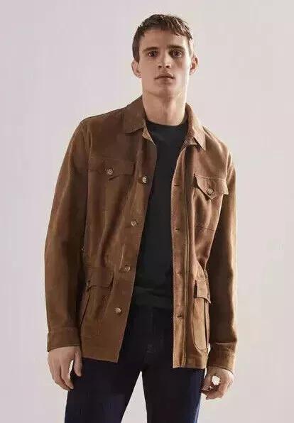 Casual Men's Brown Suede Leather Shirt Flap Pocket Genuine Soft Leather Jacket