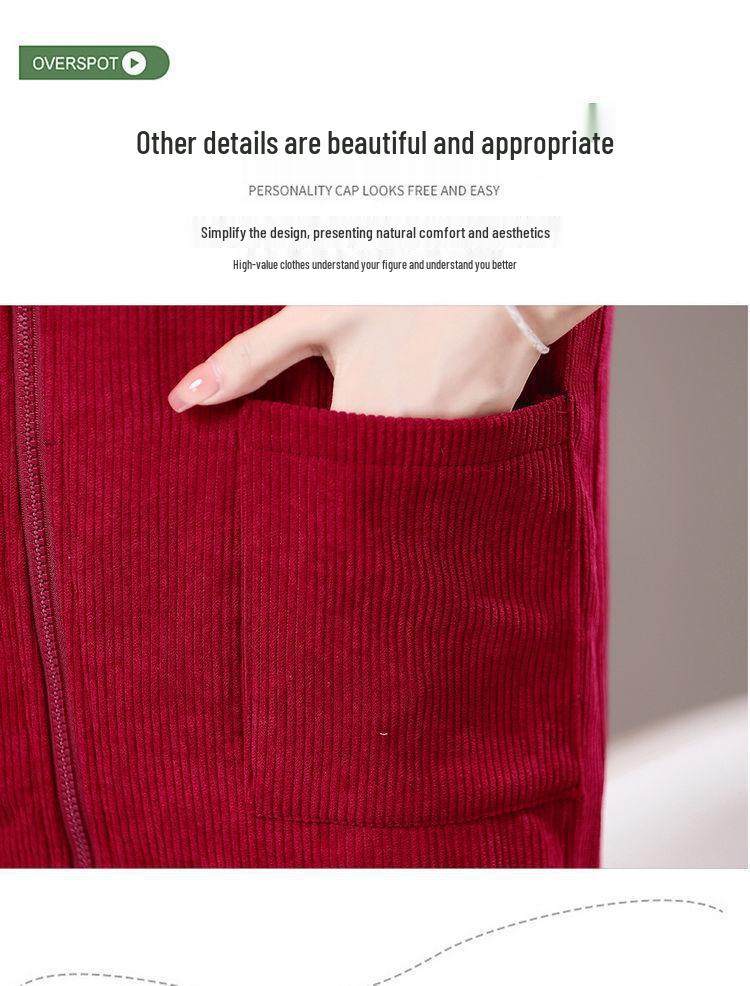 2025 Spring/Autumn Women's Plus Size Corduroy Jacket: Long Sleeve, Loose Fit, Zipper, Solid Color Cardigan