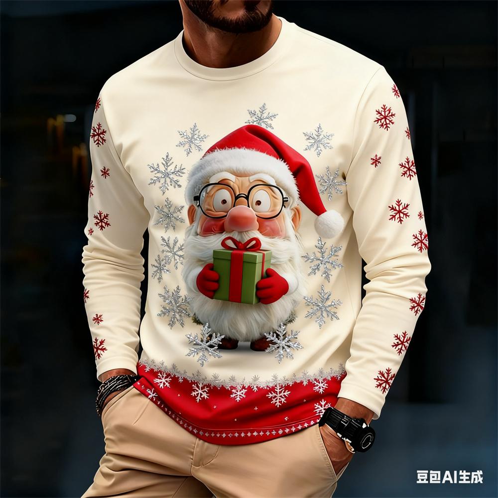 Fashionable Harajuku-style Christmas men's long-sleeve T-shirt, autumn casual round-neck loose top, fun Santa Claus design
