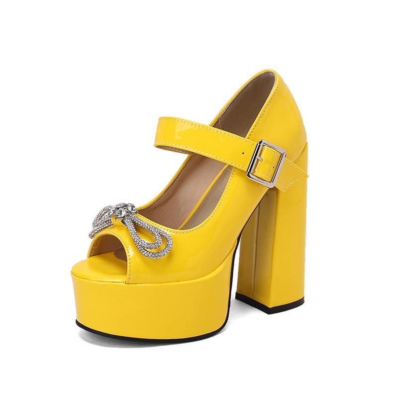 

Лето 2025 Новая Водная Платформа Супер Высокий Каблук Босоножки Пип-То Круглый Носок Лаковая Кожа Бриллиантовый Бант Туфли 39 жёлтый
