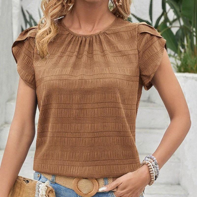 Ladies Summer Irregular Short Sleeve O Neck Solid Color Casual Pullover Blouse Shirt Top