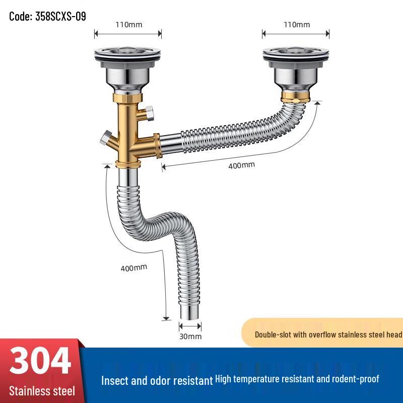 Shuopu Stainless Steel Double Sink Drain Pipe Kit