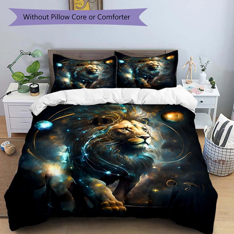 3pcs Lion's Cosmic Journey Print Bedding Set (1 Cover + 2 Pillowcases, Without Inserts), This Printed Bedding Set is Soft and