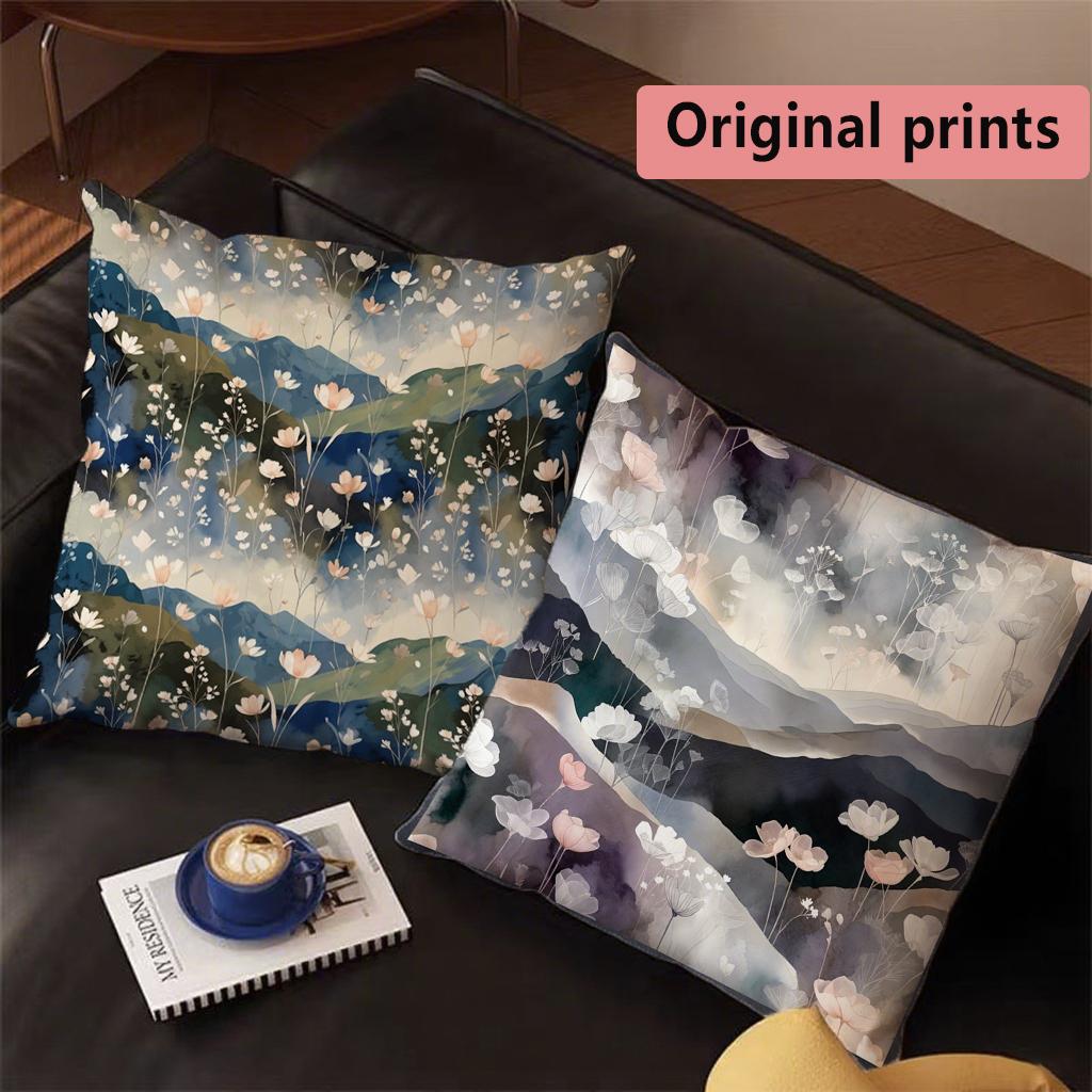 Watercolor Wildflower Mountain Landscape Throw Pattern Cushion Cover Suitable For Sofa Bedroom Car Pillow Cover