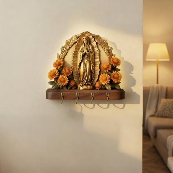 Płaski wieszak na klucze na ścianę 2D Matka Boska Dom na wsi Religijna sztuka ścienna z 4 metalowymi haczykami do przedpokoju, korytarza Rustykalne chrześcijańskie prezenty dla rodziny i przyjaciół