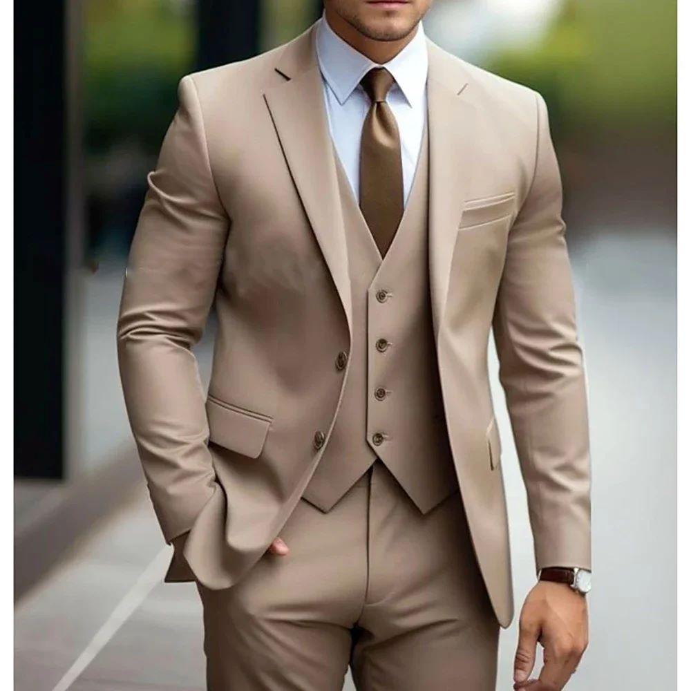 Solid Color Suits Men 3 Pieces Fashion Slim Fit Blazer Vest Pants Set Formal Business Wedding Tuxedos for Men Casual Clothing