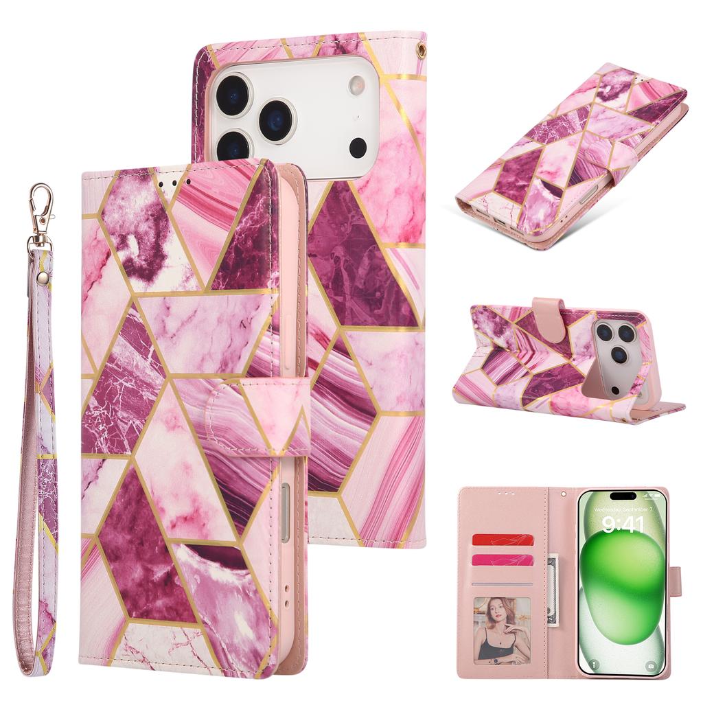 For iPhone 17 Pro Max Case Lacquered Marble Pattern Leather Phone Cover with Wrist Strap