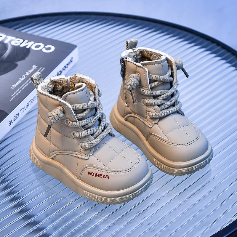 

Детские 2023 Корейский стиль Хлопковые ботильоны на флисовой подкладке: Зимнее тепло с мягкой подошвой для мальчиков и девочек, высокие ботинки-хлебушки. 23 светло-коричневого