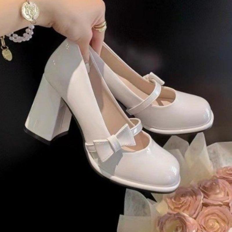 Coarse Heel Shoes Spring New Round Head Shallow Mouth Butterfly Knot Set Foot Waterproof, Non-slip Wear-resistant High Heels