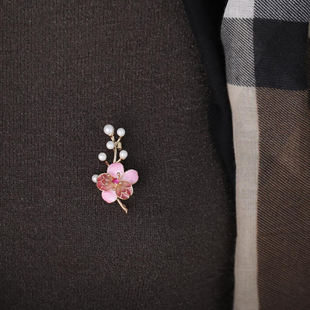 Blucome Enamel Pink Flowers Plant Brooches Simulated Rhinestone Cherry Blossoms Wedding Brooch Pins