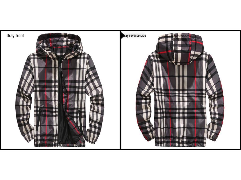 6681 Jarní Nová Pánská Kostkovaná Ležérní Bunda s Kapucí - Dospívající Student Plus Size Trend