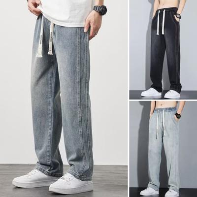 Herren Sommer Jeans Elastische Taille Verstellbarer Kordelzug Denim Hose mit Taschen Einfarbig Gerade Weites Bein Freizeithose
