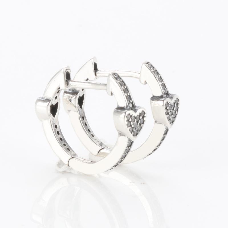 European & American S925 Heart Hoop Earrings with Rhinestones - Pure Silver Heart Stud Earrings