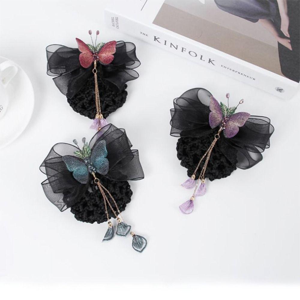 Cloth Mesh Tassels Professional Headdress Women Spring Clips Hairgrips Cover Net Korean Bun Snood