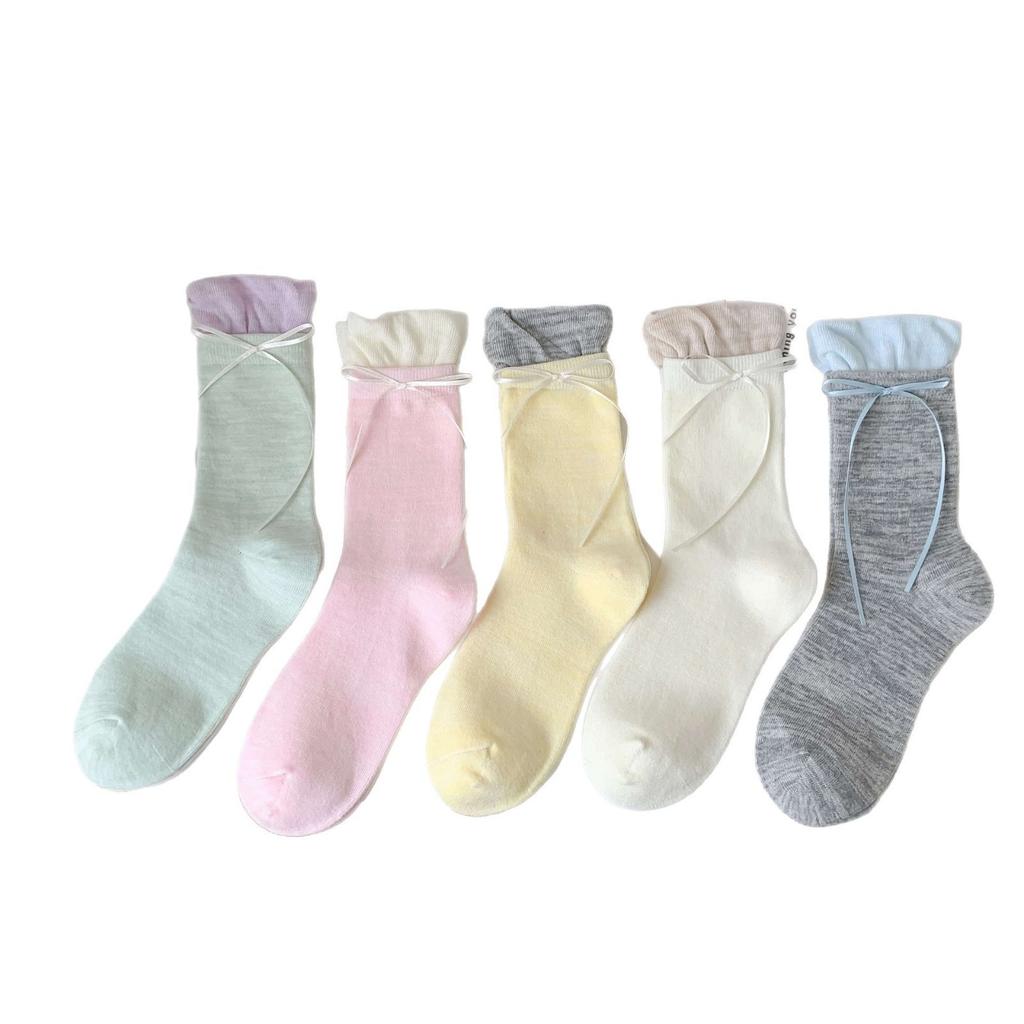 Ballet Style Sweet Flower Bud Socks Fake Two Pieces Of Color-Blocked Bow Stack Socks Cute Girl Versatile Socks