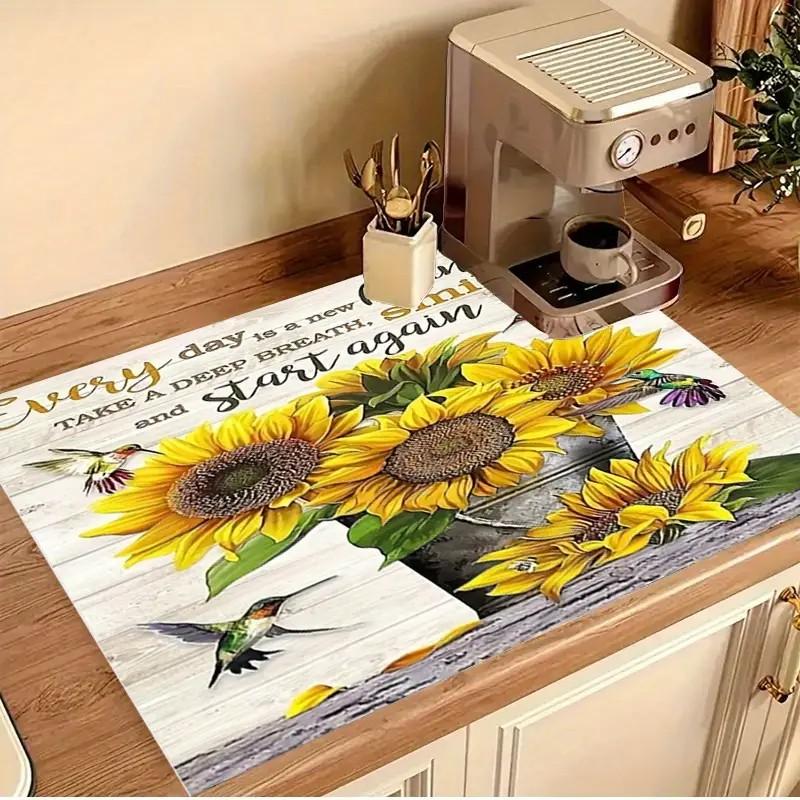 Sonnenblumen-bedruckter Untersetzer Abtropfmatte Kaffeemaschine Rutschfest Superabsorbierend Verschleißfest Geschirrabtropfmatte für Arbeitsplatte