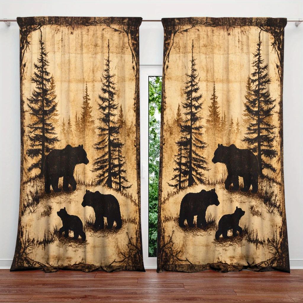 2Pcs- Retro Bear Silhouette Printed Curtains, Bedroom And Living Room, Home Decoration, Room Decoration