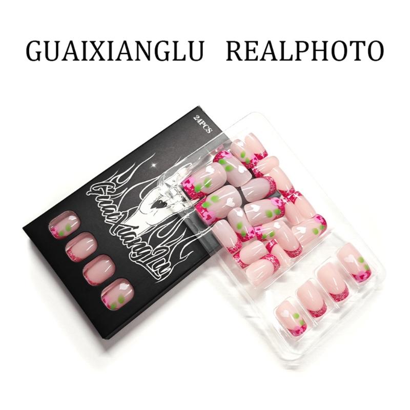 24Pcs Valentines Glitters Sparkling Heart French False Nail Short Square Press On Nail Pink Blush Flame Design Easy Application Multiple Sizes